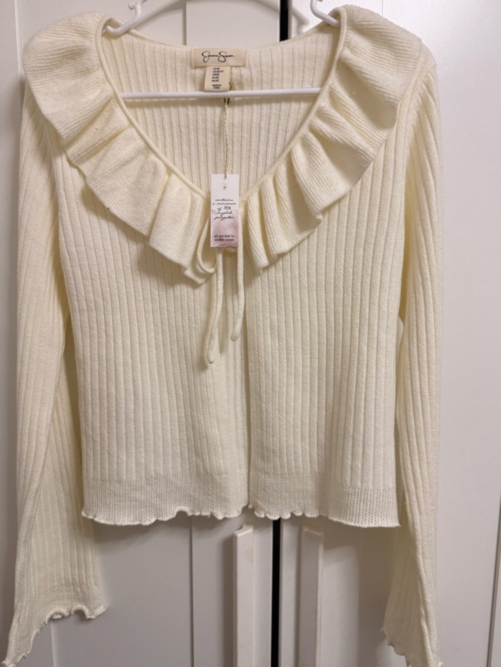 Jessica Simpson Cream Ruffle-Trim Ribbed Cardigan Sweater